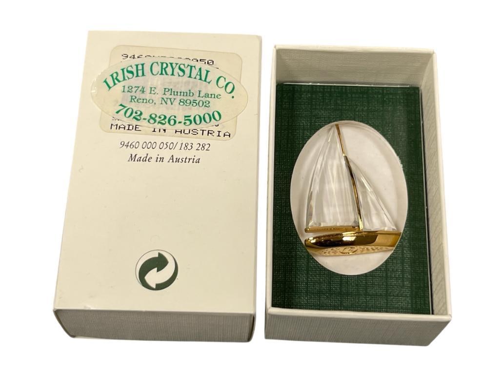 SWAROVSKI CRYSTAL MEMORIES SAILBOAR WITH GOLD ACCENTS NO. 9460NR000050: MINT CONDITION WITH ORIGINAL BOX AND SLEEVE 1 5/8" H 