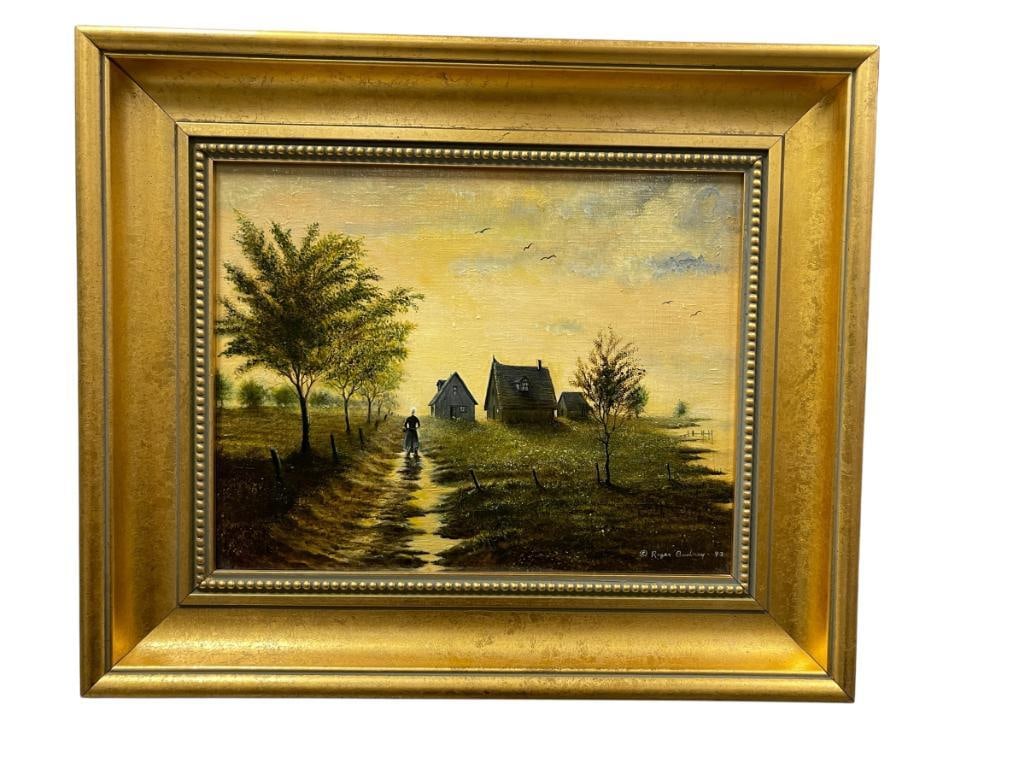 ROGER BUDNEY CALIFORNIA ARTIST ORIGINAL OIL ON CANVAS LANDSCAPE / COUNTRYSIDE PAINTING DATED 1992: ROGER BUDNEY (1945 B.) CALIFORNIA ARTIST, BORN IN NEW JERSEY, MOVED TO GERMANY IN 1954, ENCOURAGED BY PARENTS TO PURSUE ART, MOVED TO CALIFORNIA IN 1957, GRADUATED FROM UNIVERSITY OF CALIFORNIA IN