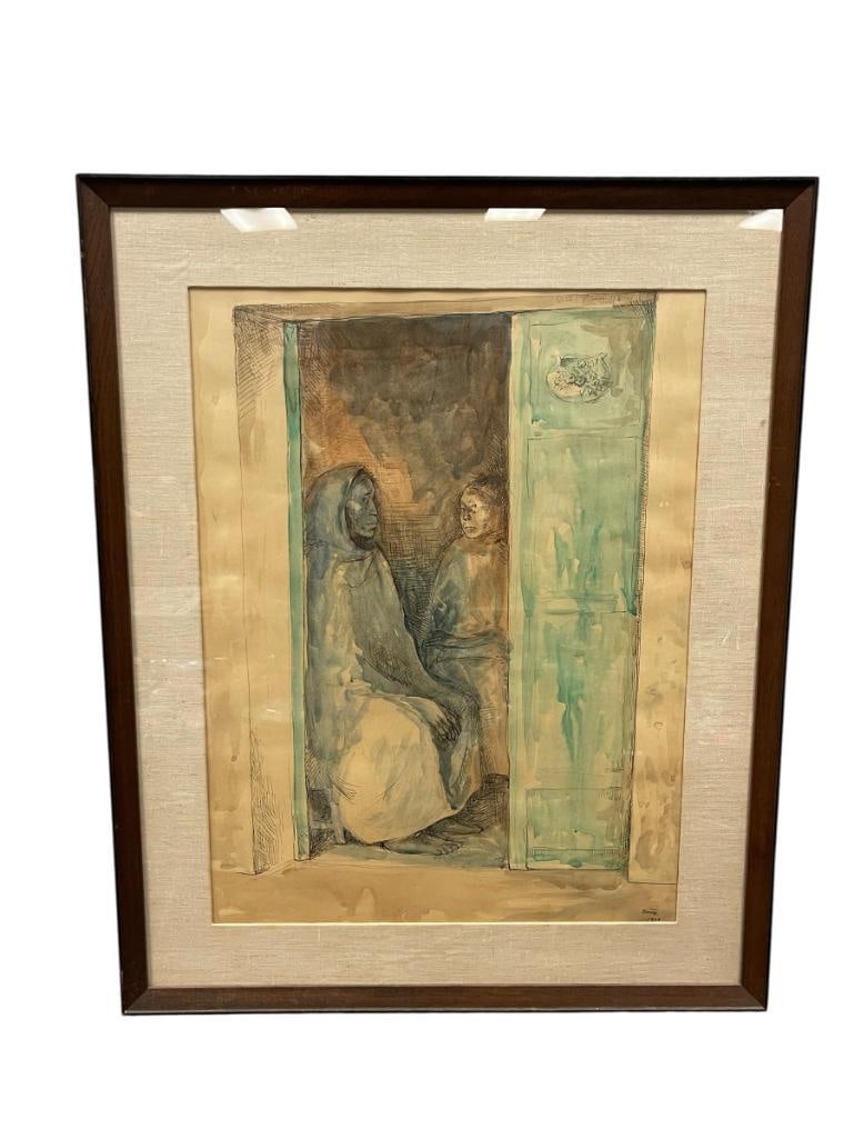 FRANCISCO ZUNIGA COSTA-RICA BORN MEXICAN ARTIST AND SCULPTOR ORIGINAL WATERCOLOR AND INK ON PAPER: FRANCISCO ZUNIGA (1912-1998) NOTABLE ARTIST OF THE 20TH CENTURY FOR HIS PAINTINGS AND SCULPTURES, CALLED IN THE ENCYCLOPEDIA BRITANNICA PERHAPS THE BEST SCULPTOR OF THE MEXICAN POLITICAL MODERN