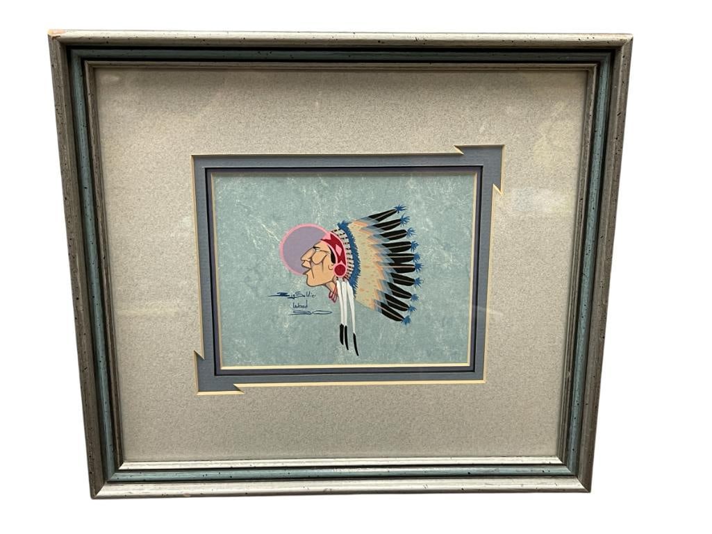 ERIC BIG SOLDIER WOOD NATIVE AMERICAN ARTIST OF IOWA TRIBE GOUACHE PAINTING ON PAPER: BIG SOLDIER WOOD (1961-2017) WAS A NATIVE AMERICAN ARTIST WITH STRONG PASSION FOR NATIVE AMERICAN ART, WITH PAINTINGS DISPLAYED IN GALLERIES AND MUSEUMS IN OKLAHOMA, MISSOURI, AND IOWA, ART DEPICTS