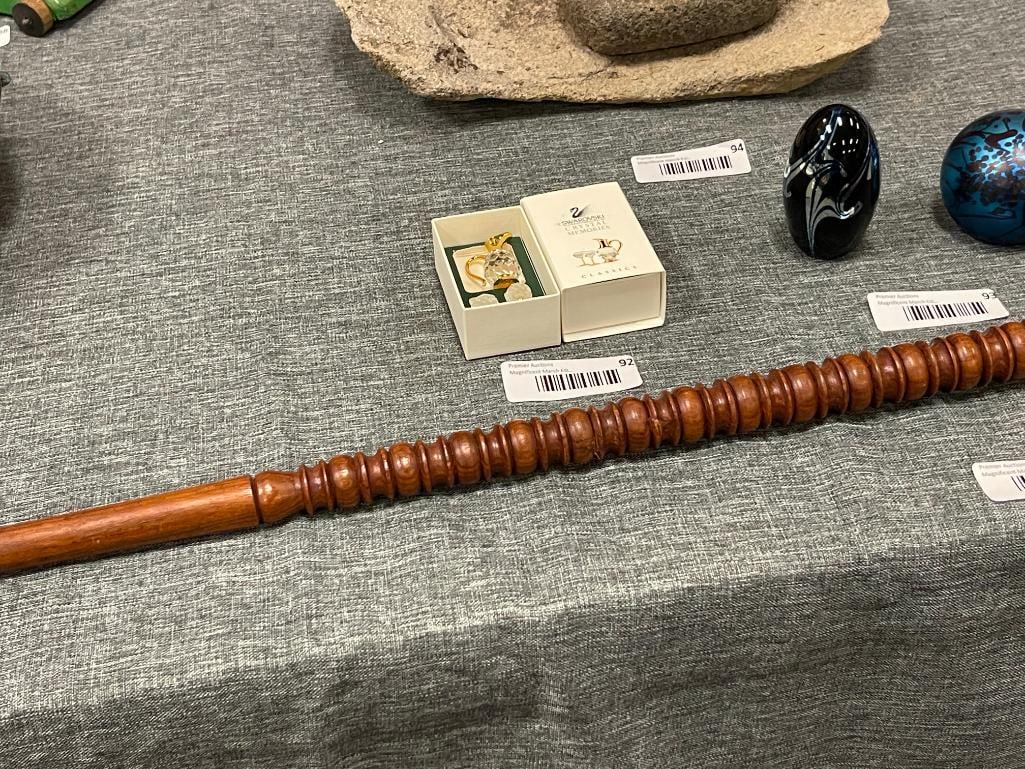 HAND TURNED WOODEN CANE WITH POLISHED BRASS HANDLE AND STONE INLAY TOP - 2