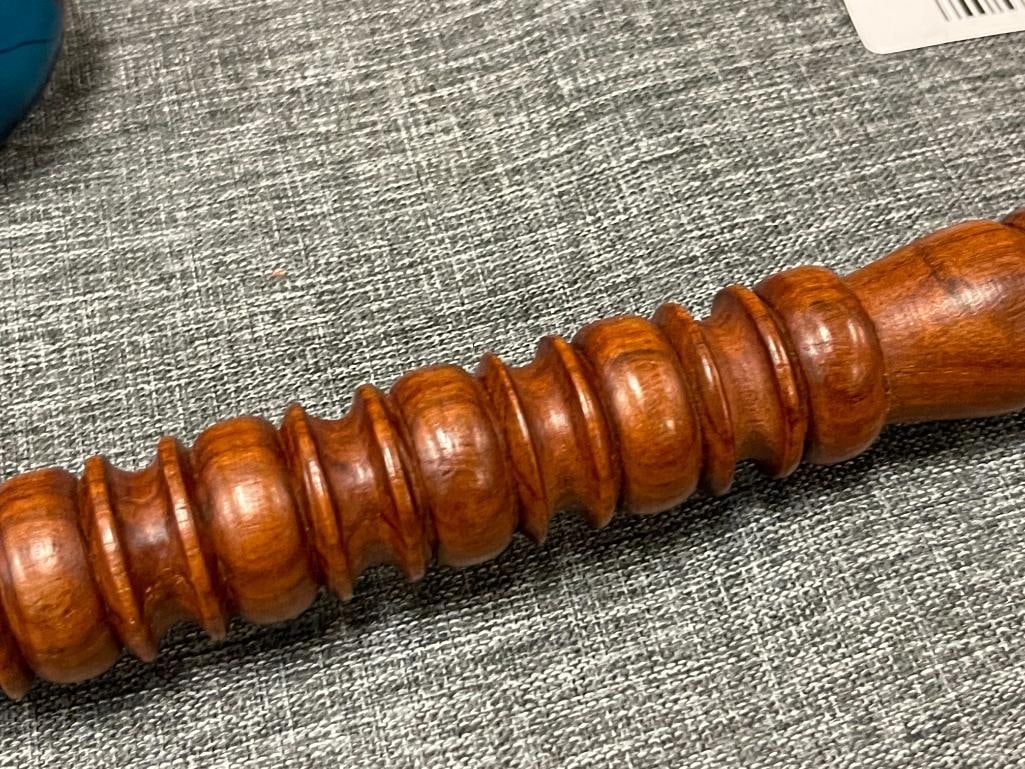 HAND TURNED WOODEN CANE WITH POLISHED BRASS HANDLE AND STONE INLAY TOP - 3