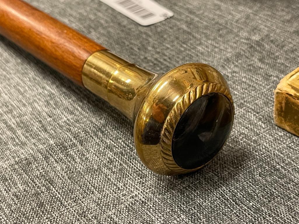 HAND TURNED WOODEN CANE WITH POLISHED BRASS HANDLE AND STONE INLAY TOP - 4