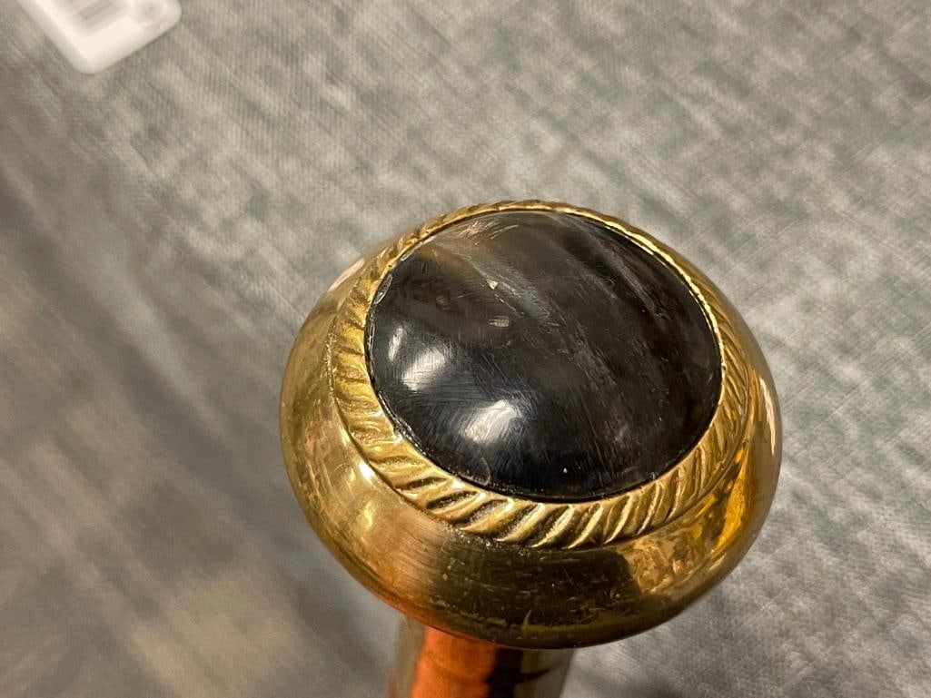 HAND TURNED WOODEN CANE WITH POLISHED BRASS HANDLE AND STONE INLAY TOP - 5