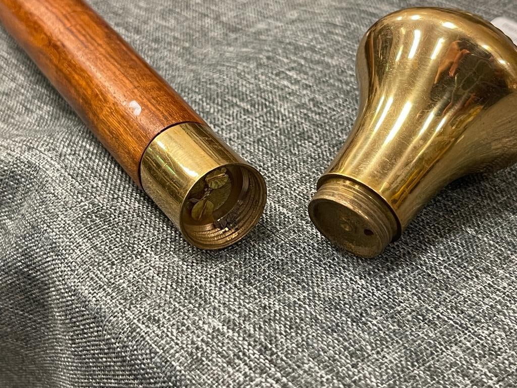 HAND TURNED WOODEN CANE WITH POLISHED BRASS HANDLE AND STONE INLAY TOP - 6