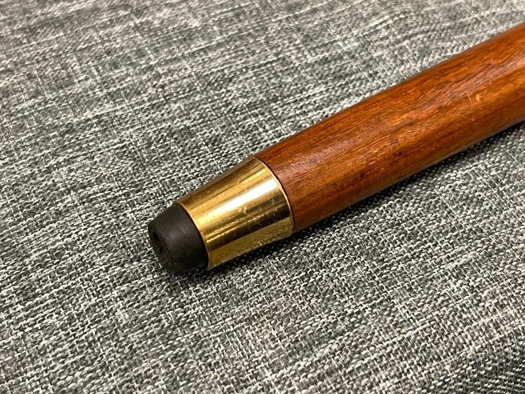 HAND TURNED WOODEN CANE WITH POLISHED BRASS HANDLE AND STONE INLAY TOP - 7