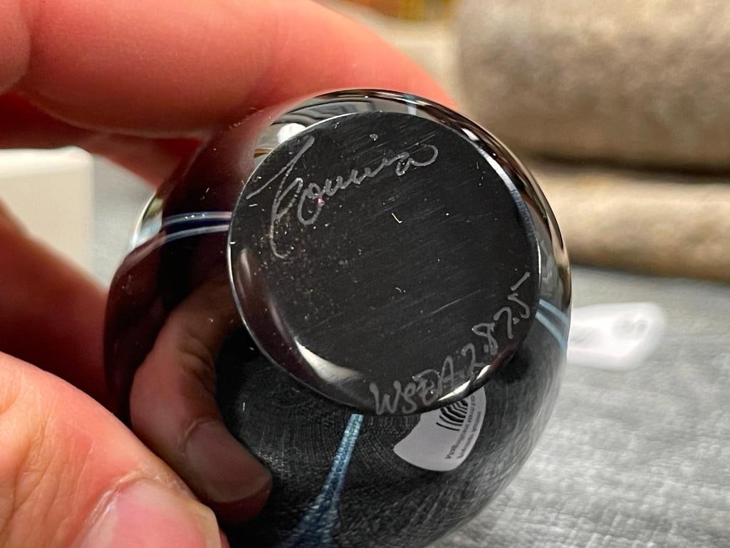 STEVEN CORREIA SILVER SWIRL EGG PAPERWEIGHT AND DON RICHARDSON IRIDESCENT ART GLASS PAPERWEIGHT - 7