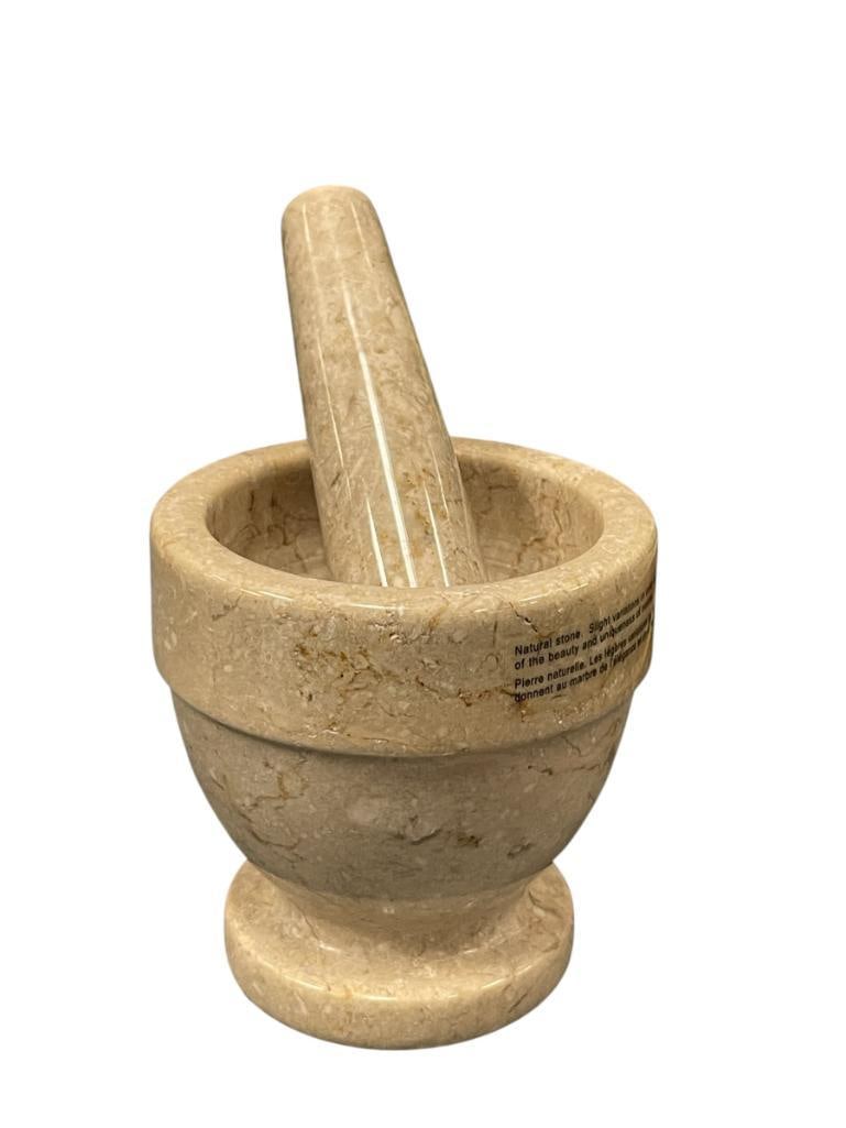 POLISHED NATURAL STONE MATCHING MORTAR AND PESTLE IN TAN COLOR: 4" MORTAR, 4 7/8" PESTLE 
