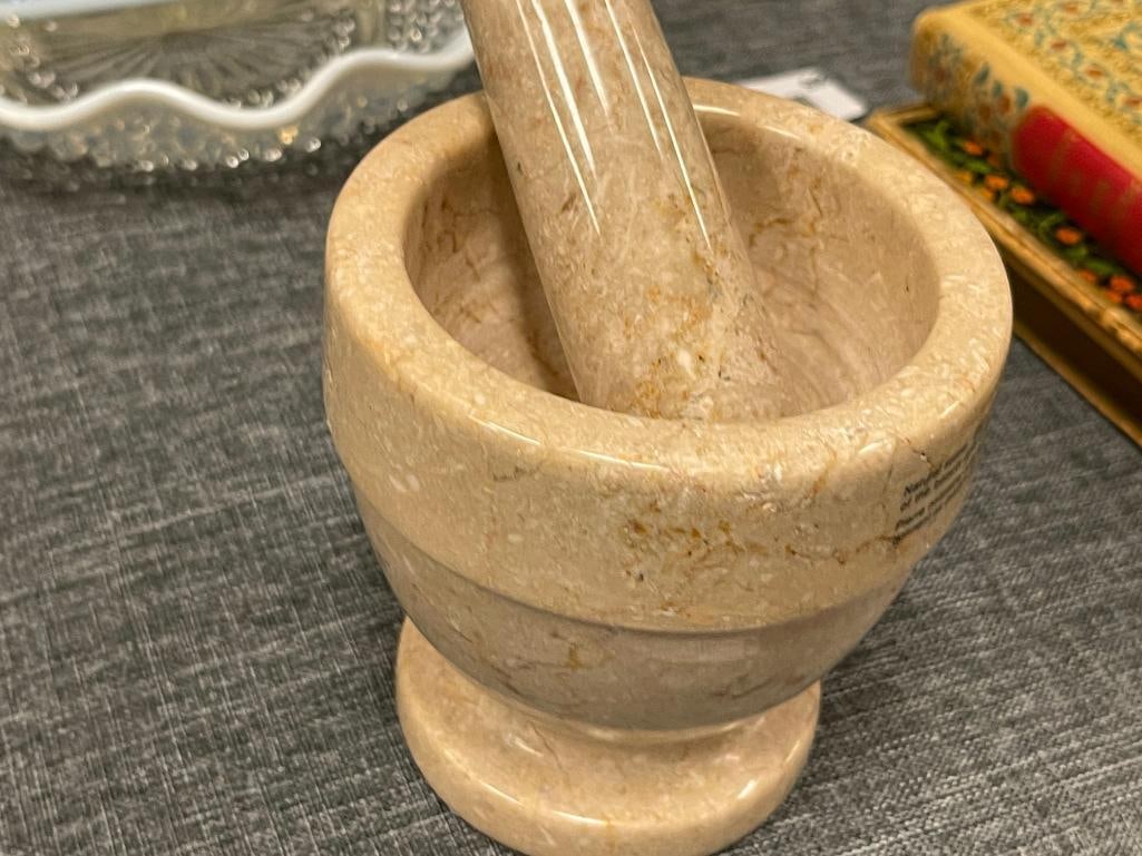 POLISHED NATURAL STONE MATCHING MORTAR AND PESTLE IN TAN COLOR - 2