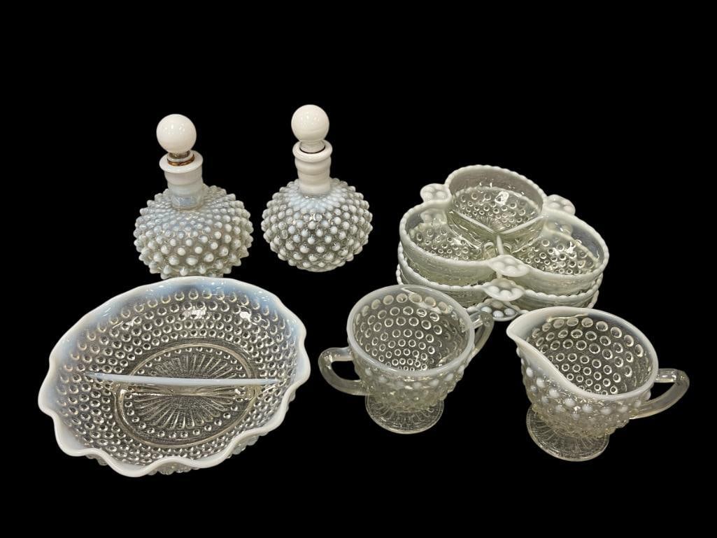 VINTAGE OPALESCENT HOBNAIL CLEAR GLASS BARBER BOTTLES, DIVIDED SISHES AND BOWL, CREAMER, AND SUGAR: EIGHT PIECES TOTAL, BOTTLES HAVE ORIGINAL STOPPERS, NO DAMAGE TO ANY OF THE PIECES 6 1/2" AND 7 1/2" DIVIDED DISHES, 6" BOTTLES, 3 1/4" CREAMER AND SUGAR 