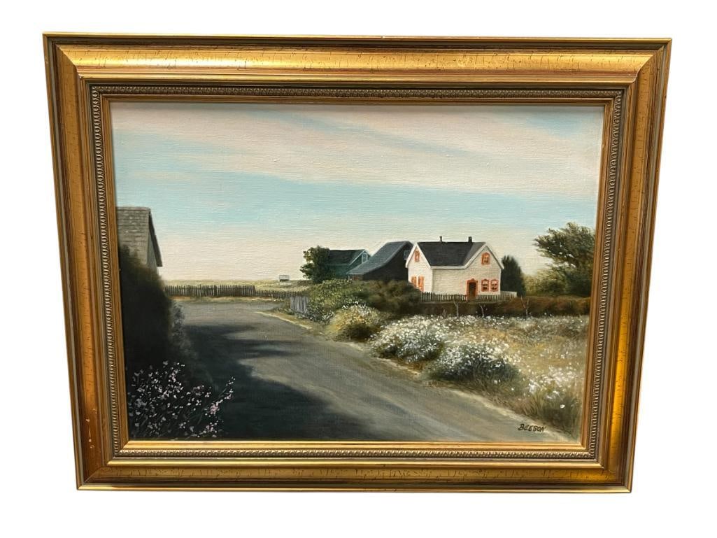 ORIGINAL OIL ON CANVAS PAINTING OF EUROPEAN COUNTRYSIDE VILLAGE SIGNED BEESON: ART DEPICTS HOMES WITH FIELD IN THE BACKGROUND, SIGNED LOWER RIGHT, FRAMED 19 1/2" X 15 1/2" FRAME 