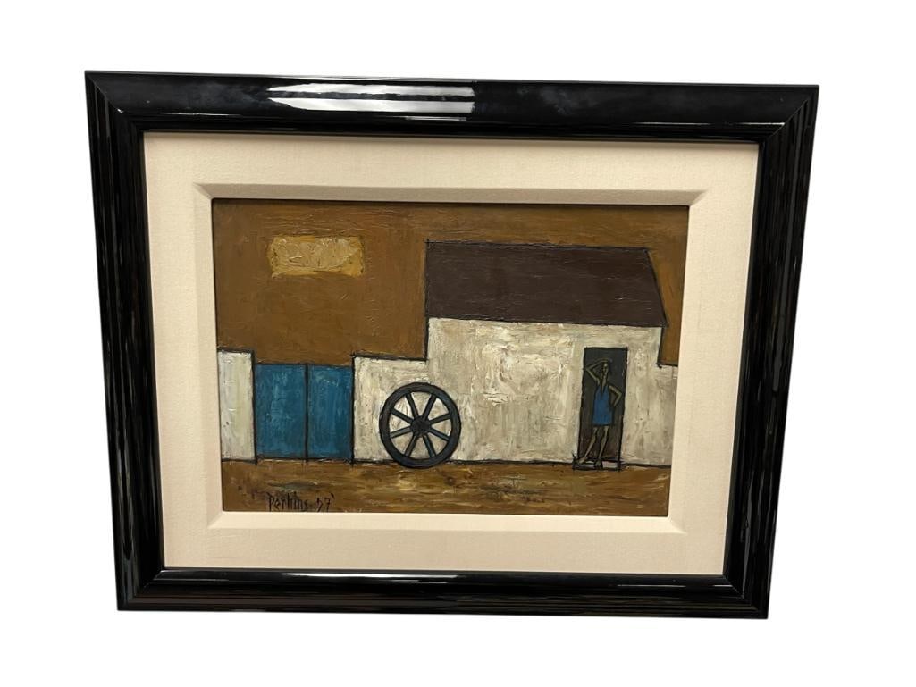PHILLIP PERKINS AMERICAN MODERNIST ARTIST ORIGINAL OIL ON BOARD PAINTING DATED 1957: PHILLIP PERKINS (1907-1970) POST WAR AMERICAN ARTIST BEST KNOWN FOR HIS GEOMETRIC, CUBIST-INFLUENCED ART WORK, ART DEPICTS WOMAN STANDING OUTSIDE OF A BUILDING NEAR A WAGON WHEEL, SIGNED LOWER LEFT,