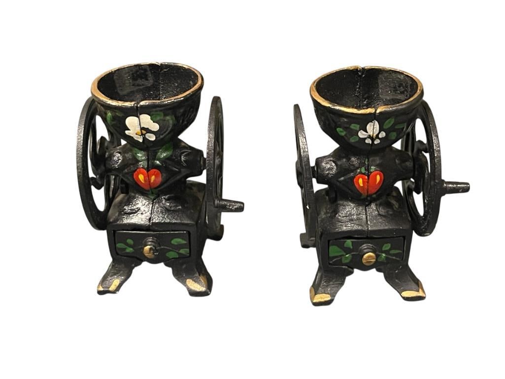 TWO MINIATURE CAST IRON COFFEE GRINDERS / MILLS: DECORATIVE DOLLHOUSE DISPLAYS, PAINTED FINISH 3 7/8" H 