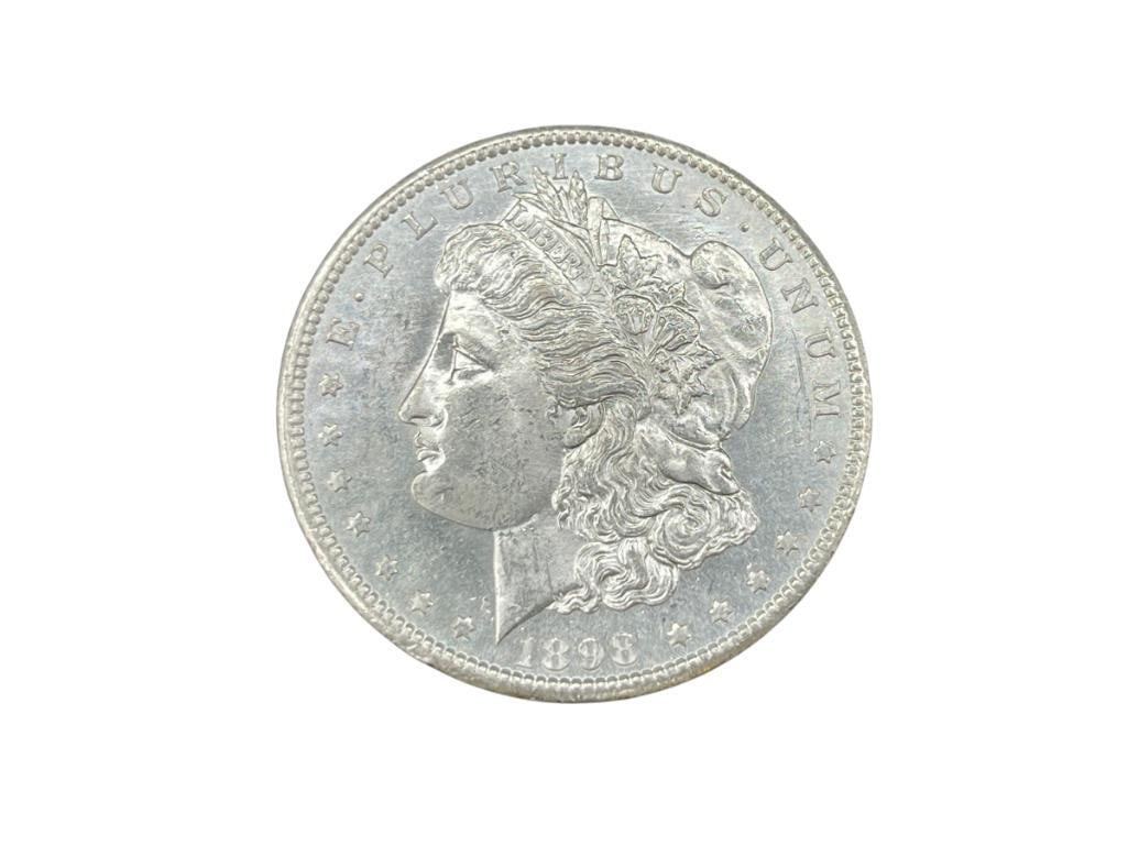 1898-S U.S. MORGAN SILVER DOLLAR BU: IN VINTAGE PACKAGING, 90% SILVER