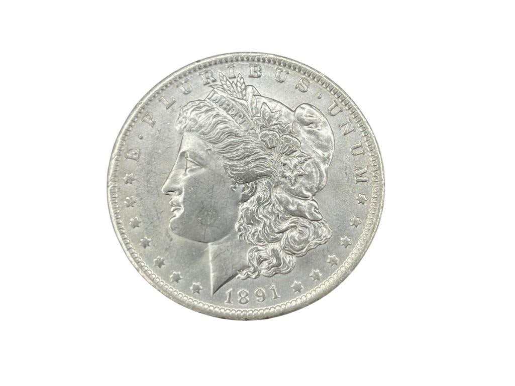 1891-O U.S. MORGAN SILVER DOLLAR BU: IN VINTAGE PACKAGING, 90% SILVER 