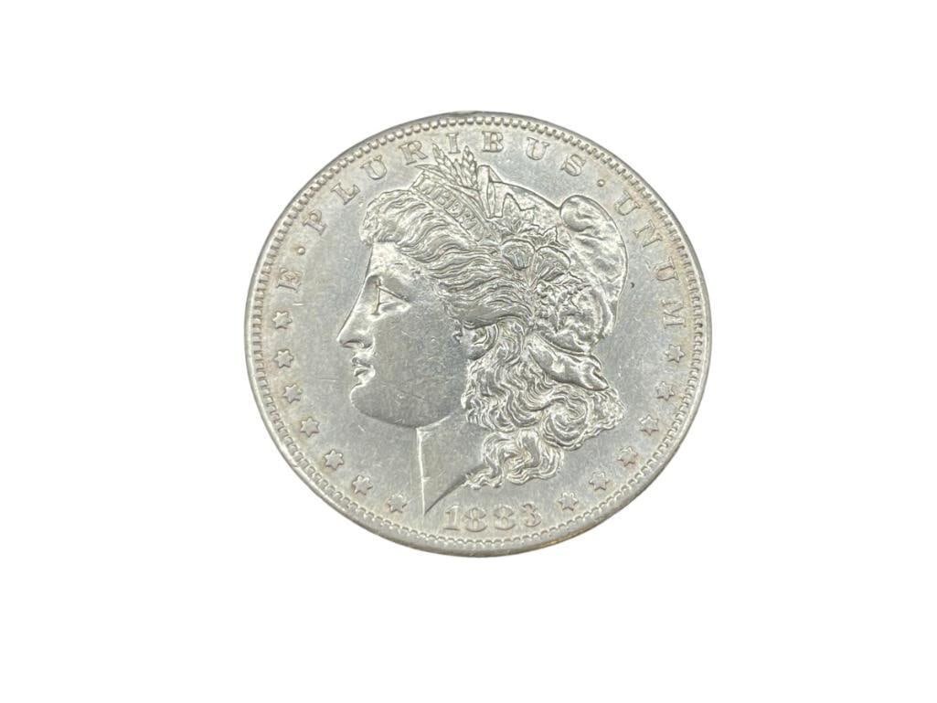1883-S U.S. MORGAN SILVER DOLLAR AU: IN VINTAGE PACKAGING BY NFC GRADING, 90% SILVER 