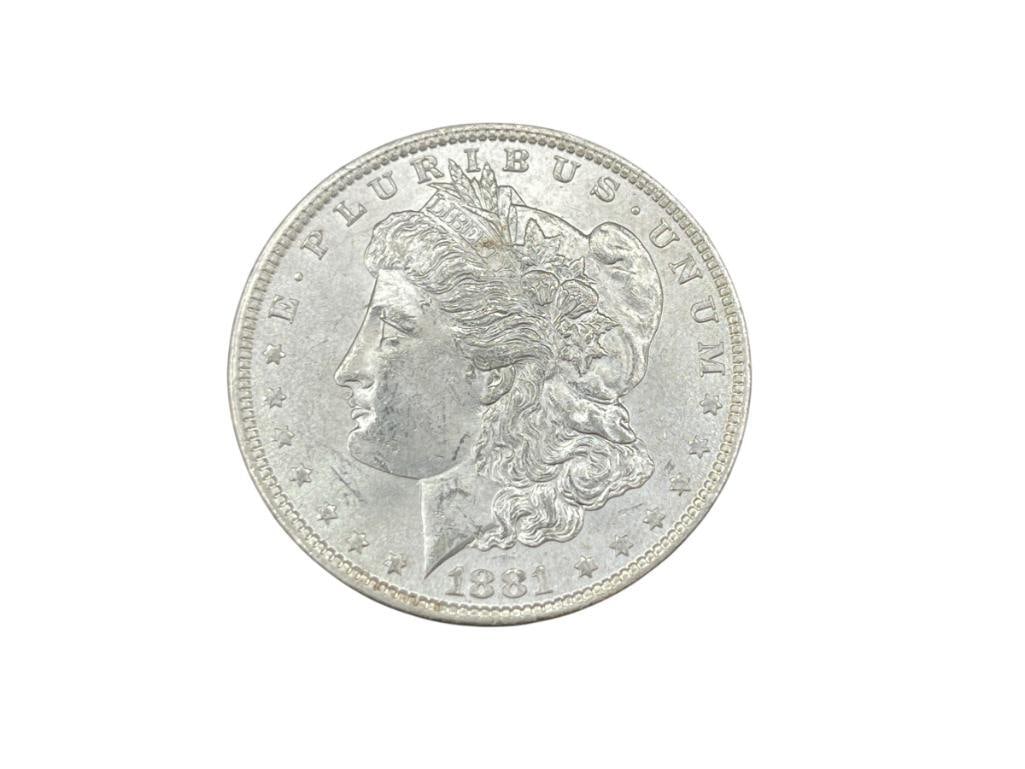 1881 U.S. MORGAN SILVER DOLLAR BU: IN VINTAGE PACKAGING BY NFC GRADING, 90% SILVER 