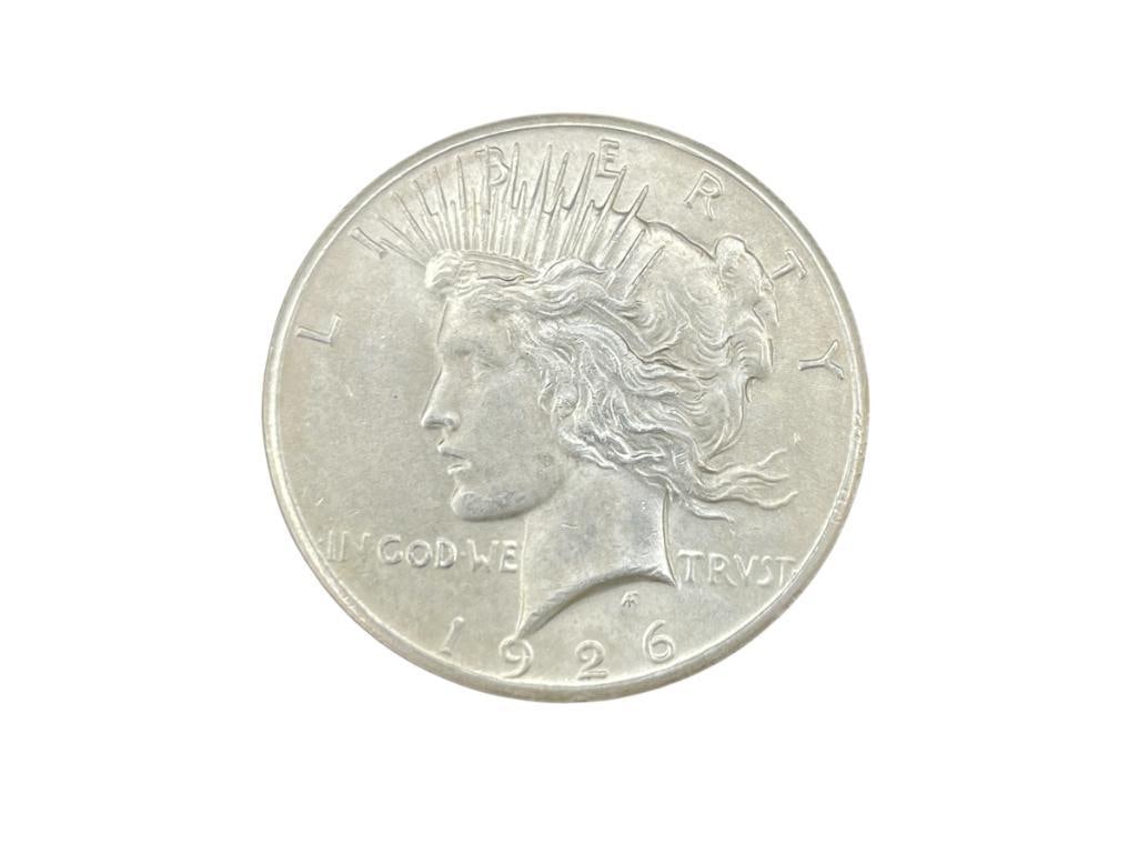 1926 U.S. PEACE SILVER DOLLAR AU: IN VINTAGE PACKAGING, 90% SILVER 