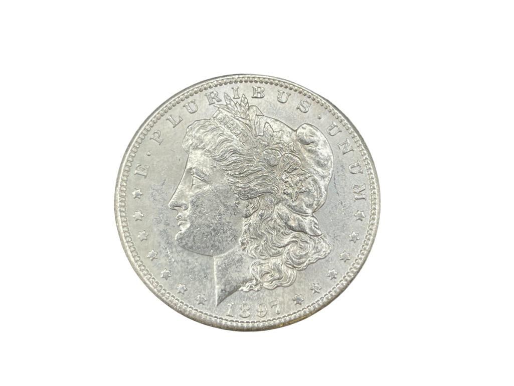 1897-S U.S. MORGAN SILVER DOLLAR BU: IN VINTAGE PACKAGING, 90% SILVER 