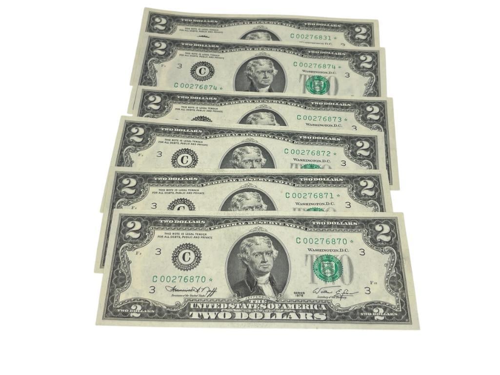 SIX U.S. $2 CURRENCY STAR NOTES INCLUDING FIVE CONSECUTIVE NOTES FROM 1976: EACH BILL HAS FIRST DAY STAMPS ON BACK, IN UNCIRCULATED CONDITION 