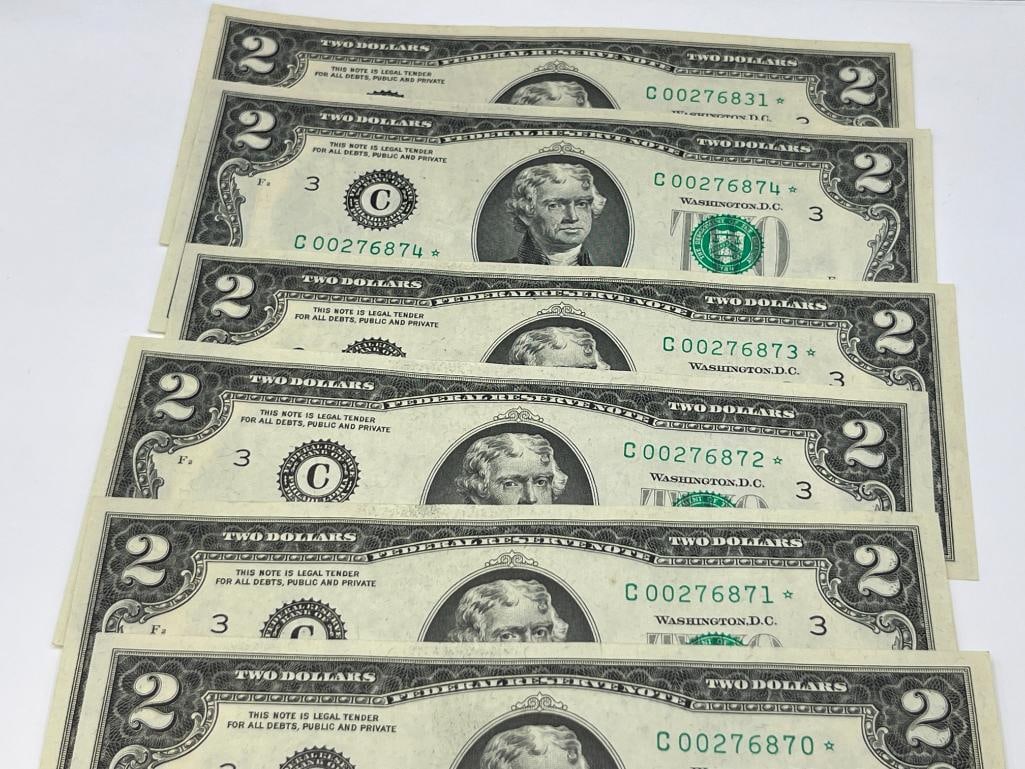 SIX U.S. $2 CURRENCY STAR NOTES INCLUDING FIVE CONSECUTIVE NOTES FROM 1976 - 2
