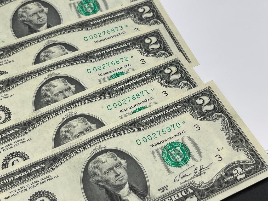 SIX U.S. $2 CURRENCY STAR NOTES INCLUDING FIVE CONSECUTIVE NOTES FROM 1976 - 3