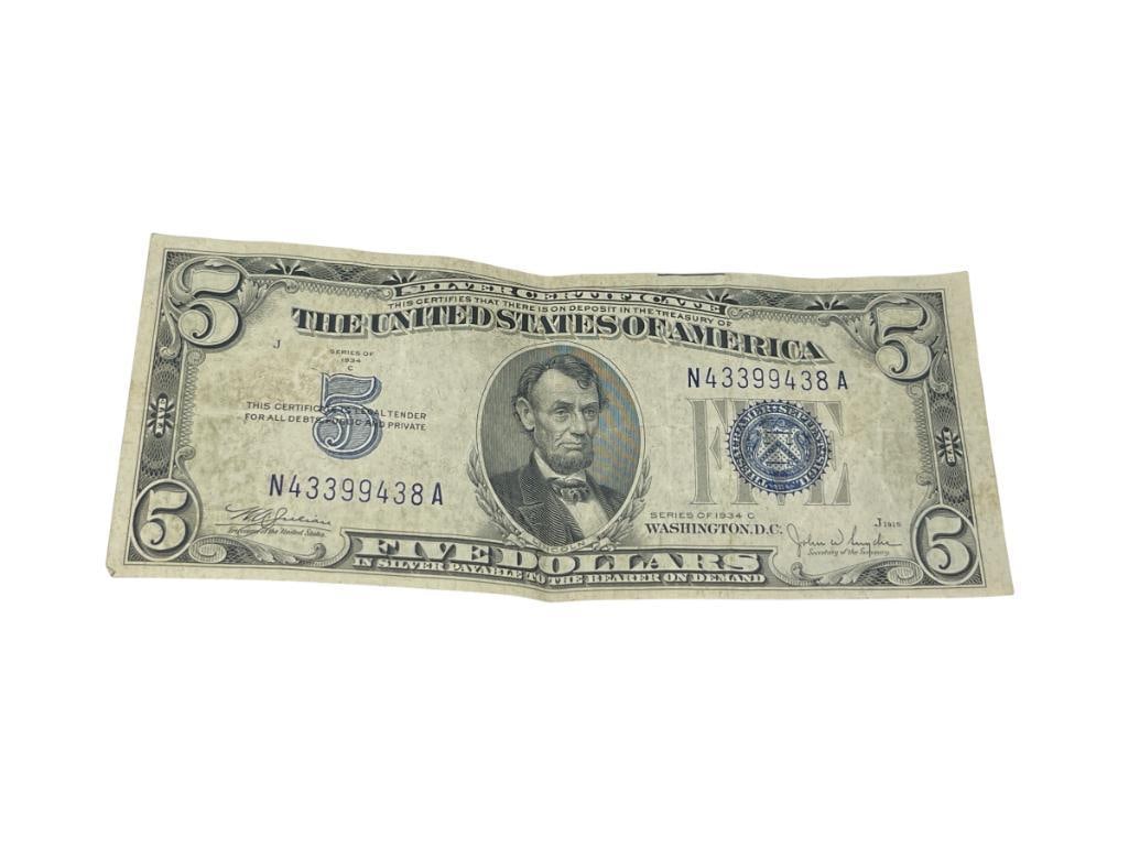 1934-C U.S. $5 SILVER CERTIFICATE FEATURING BLUE SEAL: SERIAL # N43399438A 
