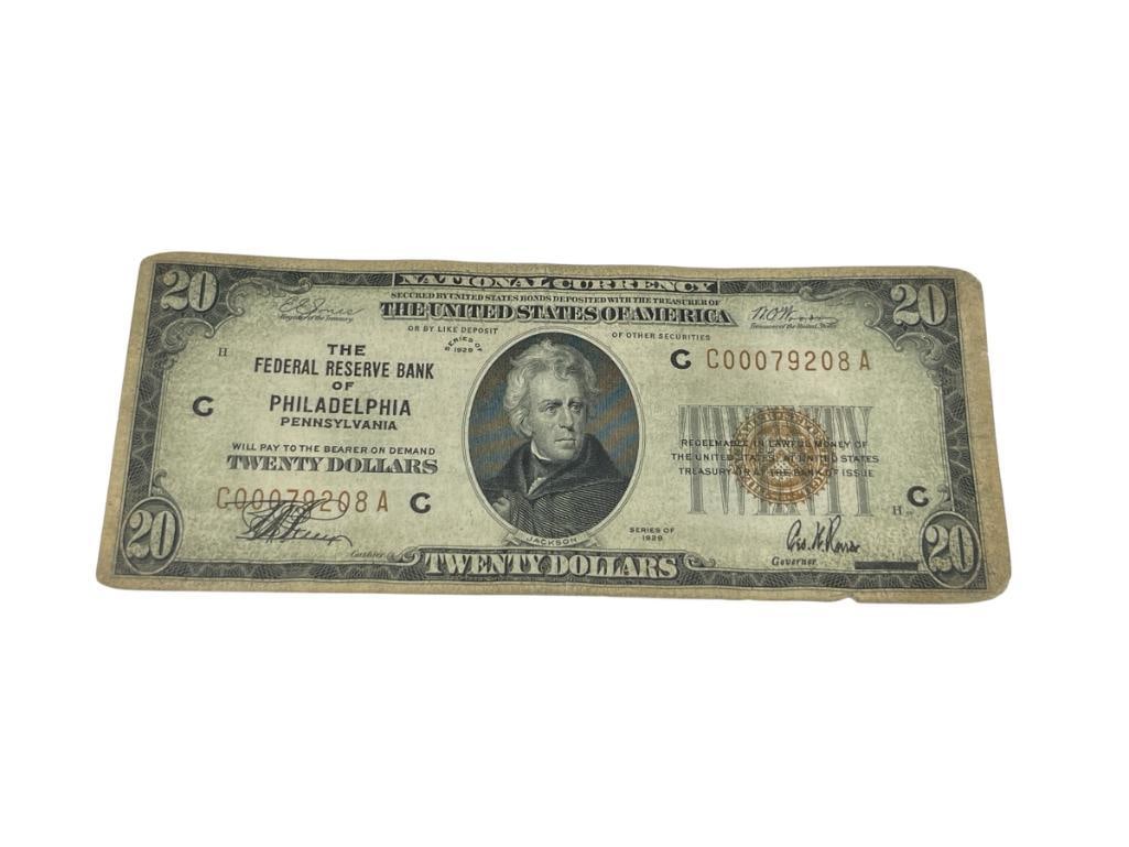 1929 U.S. $20 CURRENCY NOTE FROM THE FEDERAL RESERVE BANK OF PHILDELPHIA, PENNSYLVANIA: FEATURING BROWN SEAL, SERIAL # C00079208A 