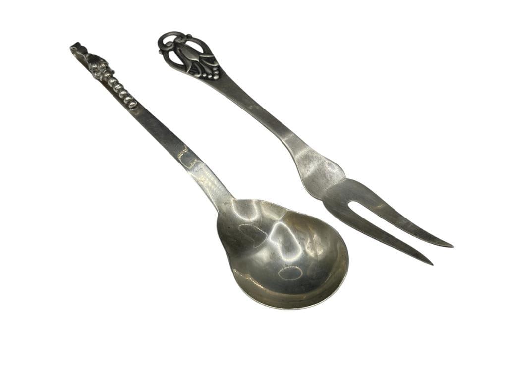 ANTIQUE E. RAMIREZ DESIGNER HALLMARKED STERLING SILVER BLOSSOM DESIGN SERVING SPOON AND FORK (1 of 9)