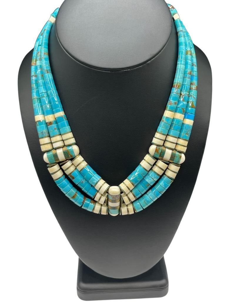 VINTAGE NATIVE AMERICAN MADE HEISHI, BONE, AND BRASS GRADUATED BEAD MULTI-STRAND NECKLACE (1 of 5)