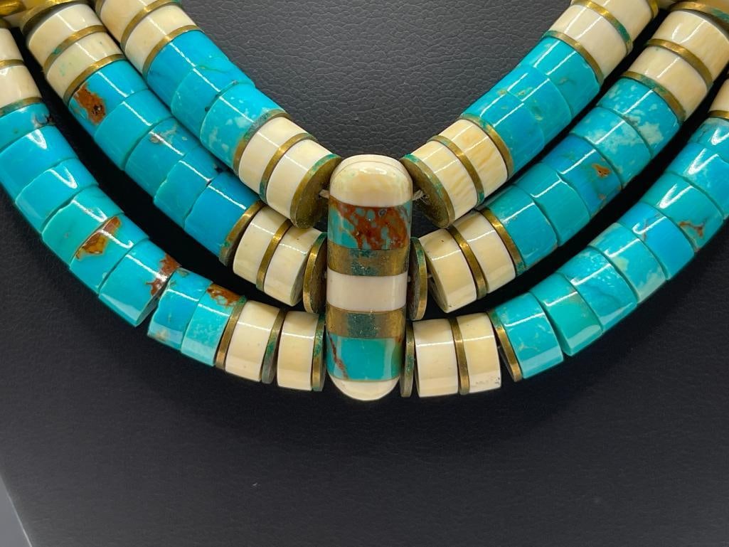 VINTAGE NATIVE AMERICAN MADE HEISHI, BONE, AND BRASS GRADUATED BEAD MULTI-STRAND NECKLACE - 3