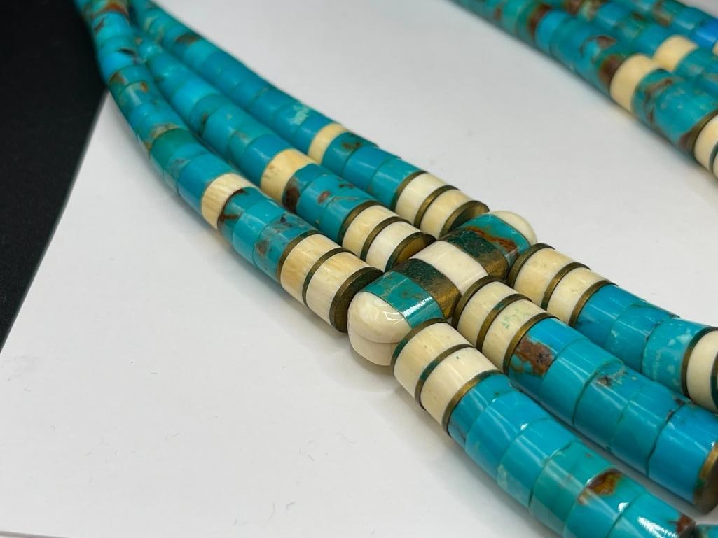 VINTAGE NATIVE AMERICAN MADE HEISHI, BONE, AND BRASS GRADUATED BEAD MULTI-STRAND NECKLACE - 4
