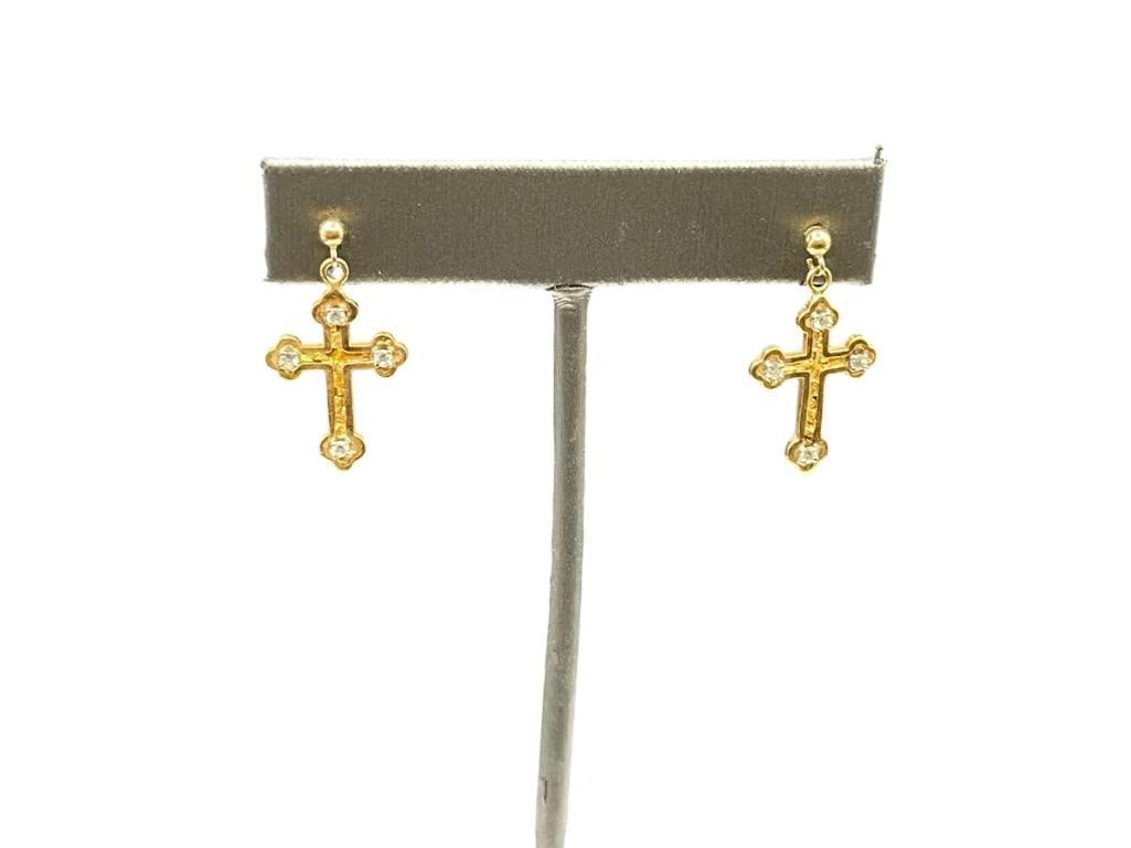 VINTAGE 14K YELLOW GOLD DIAMOND CROSS DANGLE EARRINGS: EACH FEATURING FOUR ROUND BRILLIANT CUT DIAMONDS AT TIPS OF CROSSES, HALLMARKED, BACKS ARE NOT GOLD 1 1/8", 3.40 GRAMS 