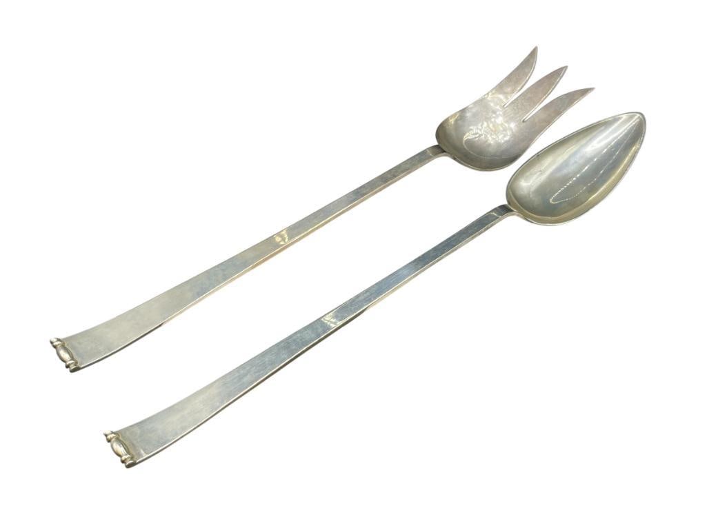 VINTAGE MID-CENTURY ALLAN ADLER O SIGNED STERLING SILVER SERVING SPOON AND FORK SET: BOTH HALLMARKED BY MAKER, HAND HAMMERED DESIGN 14 1/2", 370.60 GRAMS 