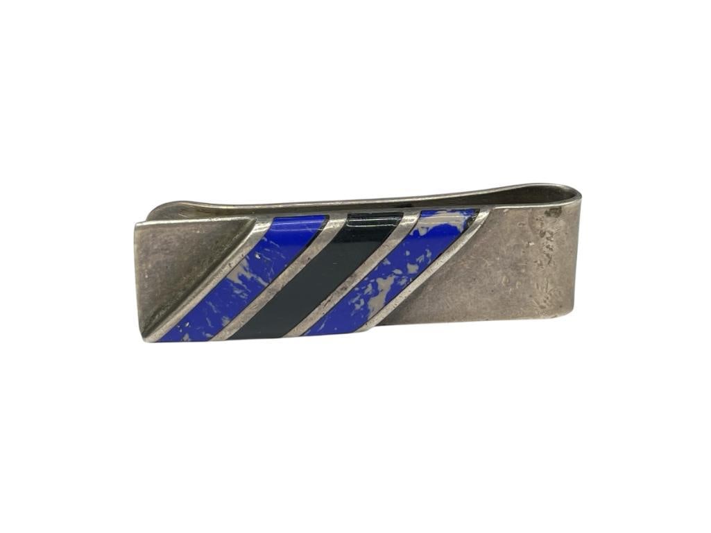 VINTAGE TAXCO MEXICO STERLING SILVER BLUE LAPIS AND ONYX MONEY CLIP: HALLMARKED TJ-56 MEXICO 2 1/8", 24.08 GRAMS 