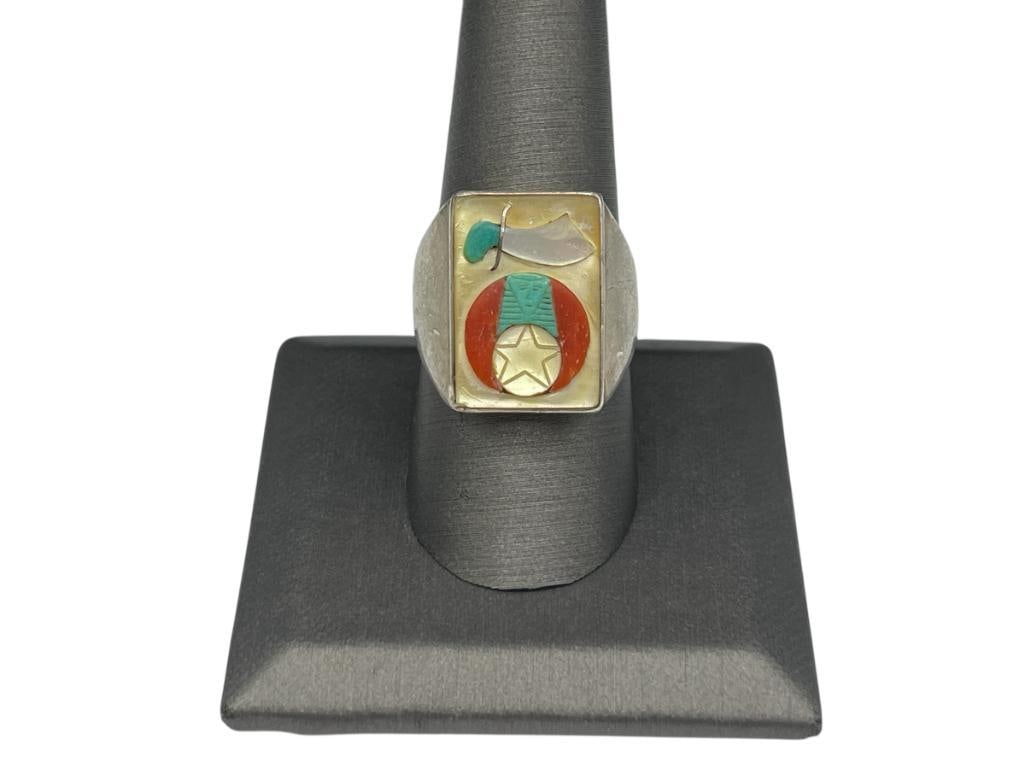 VINTAGE ZUNI ARTIST SIGNED B. CONCHO MASONIC DESIGN RING: FEATURING MOTHER OF PEARL, CORAL, AND TURQUOISE SIZE 9, 7/8" FRONT, 13.12 GRAMS 