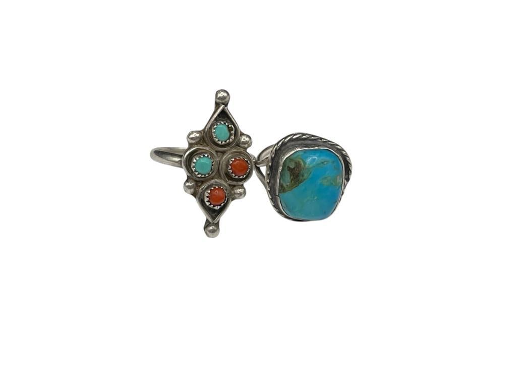 TWO VINTAGE NATIVE AMERICAN TURQUOISE RINGS INCLUDING ONE WITH CORAL AS WELL: SIZE 4 AND 6, UP TO 12MM TURQUOISE, 6.65 GRAMS TOTAL 