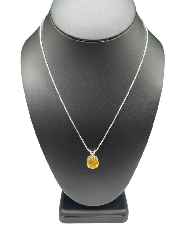 STERLING SILVER ROUND CUT CITRINE PENDANT NECKLACEE: STERLING SILVER BOX CHAIN NECKLACE, PENDANT FEATURES PIERCED DESIGN 18" NECKLACE, 12MM CITRINE, 5.58 GRAMS