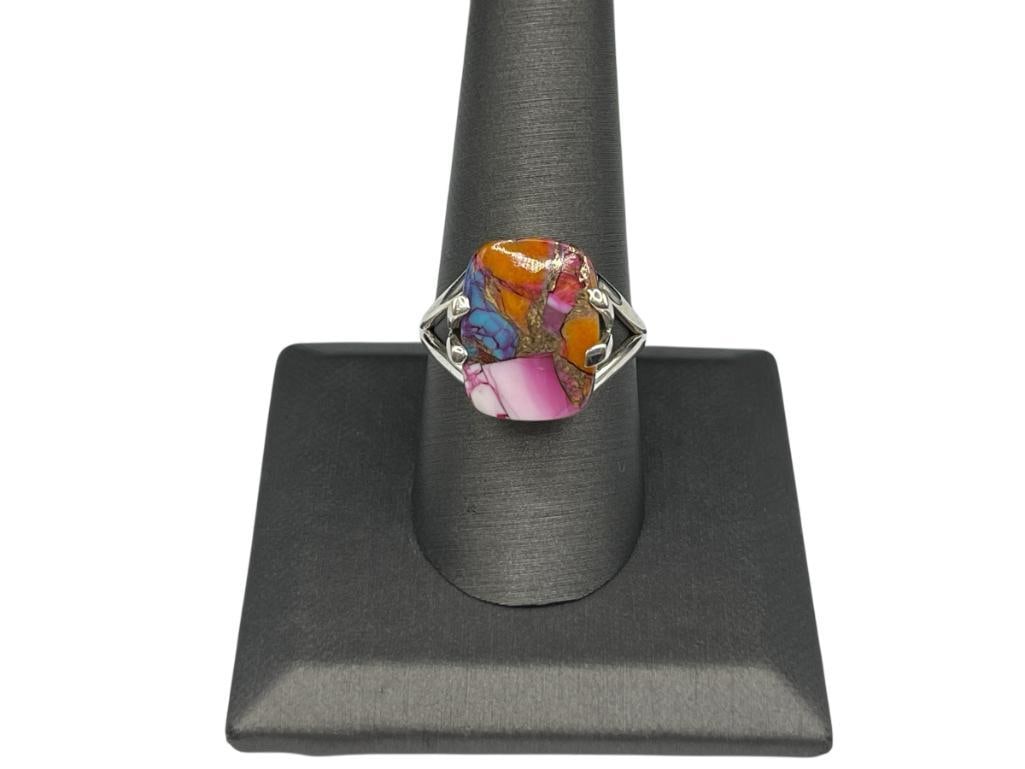 STERLING SILVER KINGMAN PINK DAHLIA COMPOSITE STONE RING: SIZE 9 1/4, 16MM X 13MM PINK DAHLIA, 4.95 GRAMS 