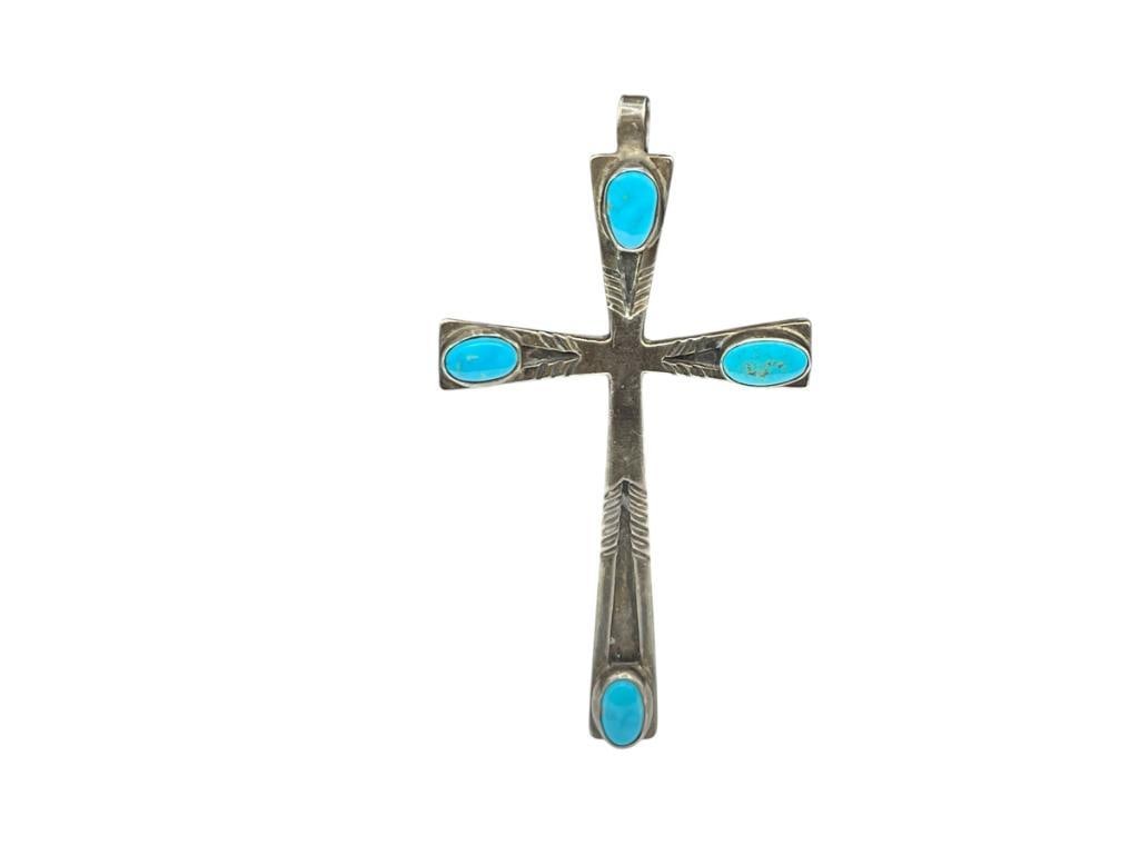 ANTIQUE NAVAJO ARTIST SIGNED STERLING SILVER TURQUOISE CROSS PENDANT: SIGNED BY ARTIST "JHQ" 3 1/4", 8MM TURQUOISE, 14.04 GRAMS 