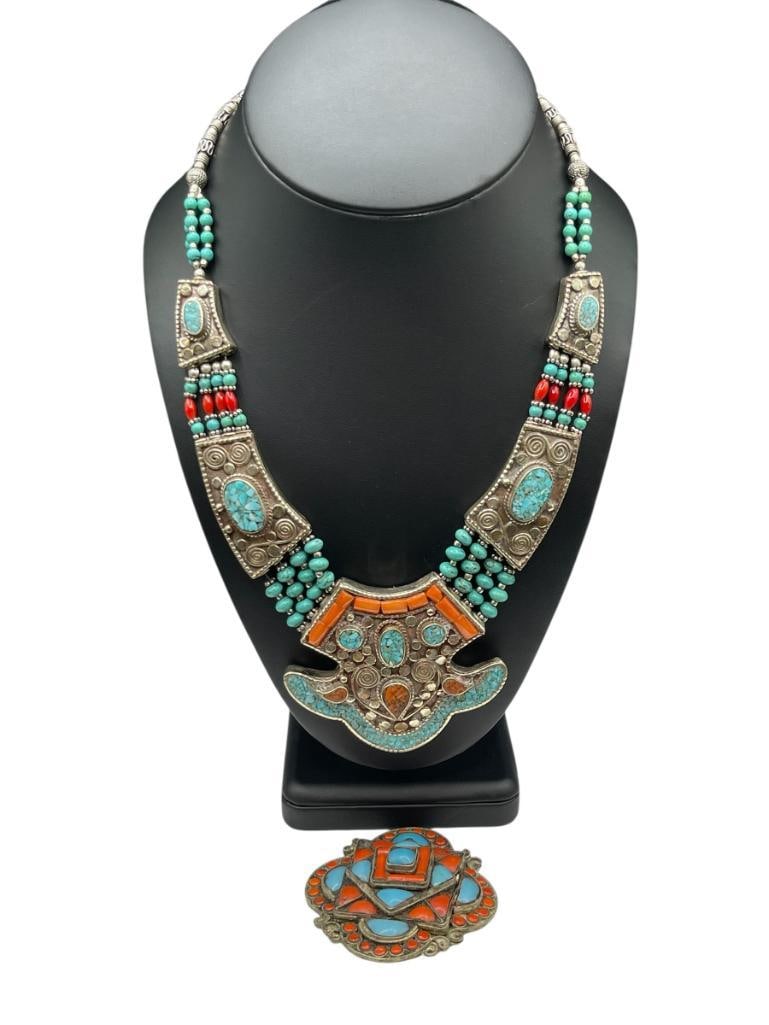 SILVERPLATED TIBETAN STYLE NECKLACE AND PENDANT FEATURING TURQUOISE COLORED AND CORAL COLORED STO... (1 of 8)