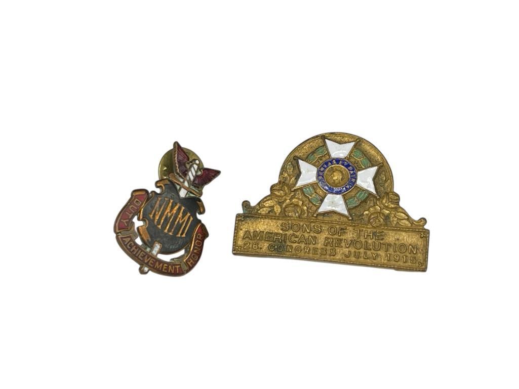 ANTIQUE SONS OF THE AMERICAN REVOLUTION 1916 ENAMELED PIN AND NMMI MEDIC ENAMELED PIN: NMMI NEW MEXICO MILITARY DUTY ACHIEVEMENT HONOR AWARD PIN MARKED NEW YORK ON BACK LARGEST IS 1 5/8" 