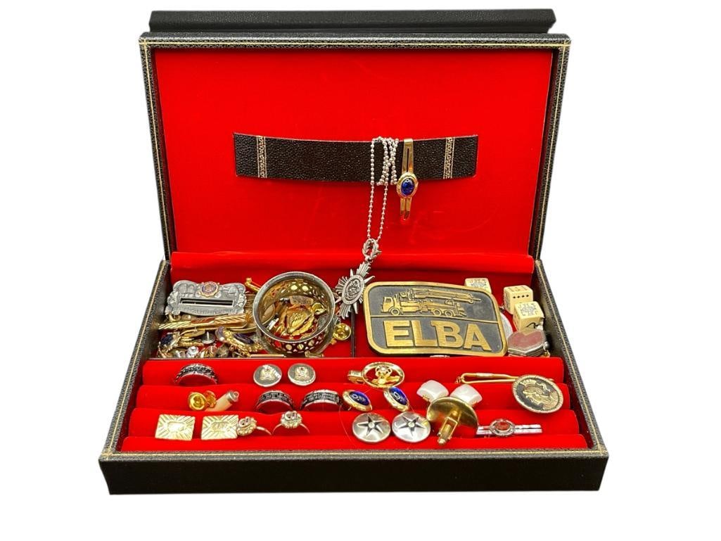 VINTAGE JEWELRY BOX FILLED WITH MEN'S JEWELRY INCLUDING GOLD FILLED PINS, CUFF LINKS, AND MORE: UNIQUE COLLECTION OF MENS JEWELRY, SOME MASONIC PIECES, SOME SIGNED SWANK, AND MORE CASE IS 10" X 7" X 2" 