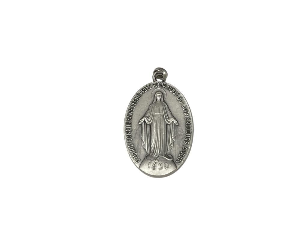 MOTHER MARY VIRGIN PENDANT "O MARY CONCEIVED WITHOUT SIN PRAY FOR US WHO HAVE RECORSE TO THEE": SILVER TONED PENDANT MARKED "1830" 1 5/8"