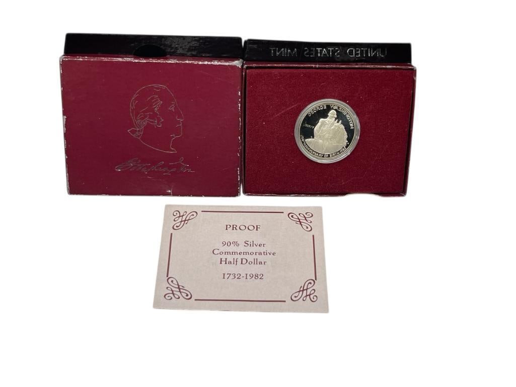 1982 U.S. GEORGE WASHINGTON 90% SILVER COMMEMORATIVE HALF DOLLAR IN ORIGINAL CASE WITH CERTIFICATE: .4019 TROY OUNCE 