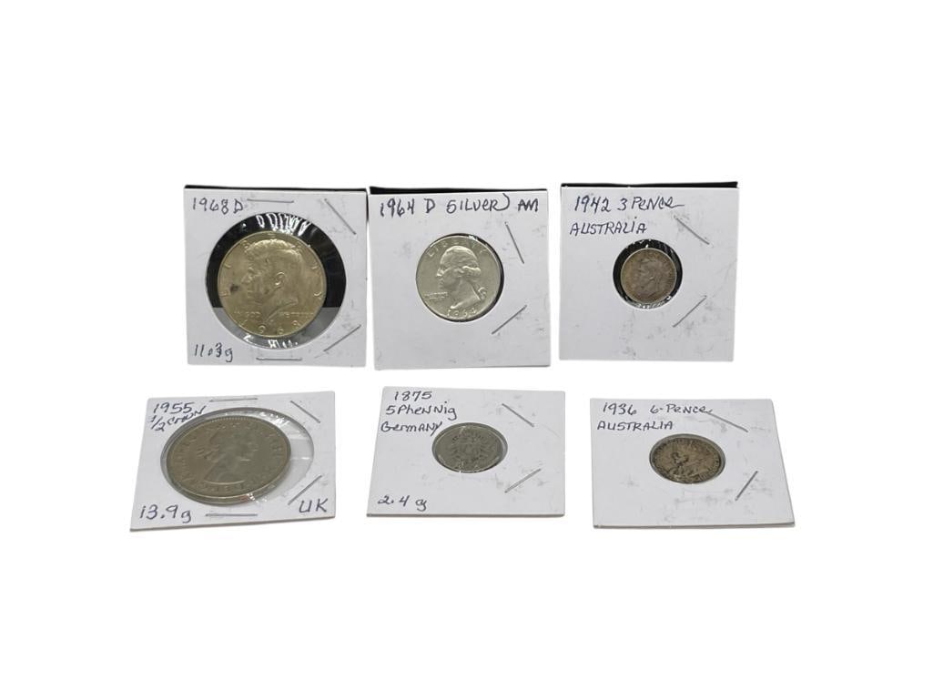 ASSORTED U.S. AND FOREIGN COINS INCLUDING MOSTLY 90% SILVER COINS AND AN 1875 GERMAN FIVE PHENNIG: INCLUDES 1968-D KENNEDY 40% SILVER HALF, 1936 AUSTRIAN SIX PENCE, 1875 FIVE PHENNIG GERMAN, 1964-D WASHINGTON QUARTER, AND MORE 