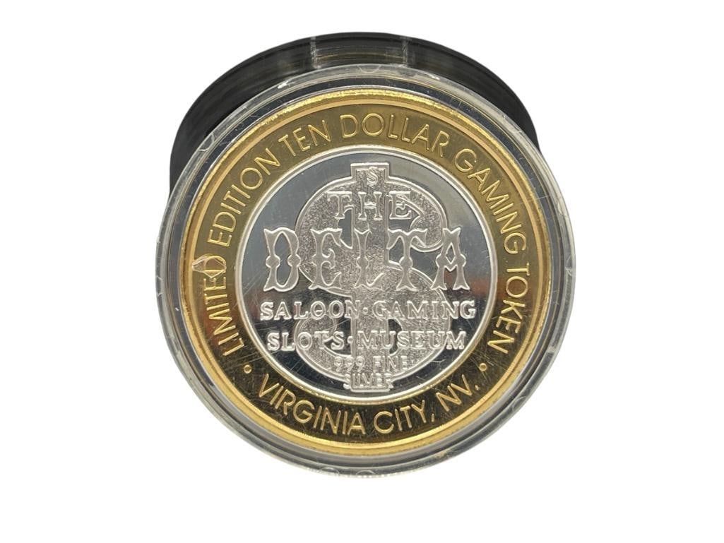 THE DELTA SALOON VIRGNIA CITY, NEVADA .999 FINE SILVER $10 CASINO GAMING TOKEN: LIMITED EDITION, VIRGINIA CITY ST. MARY'S 