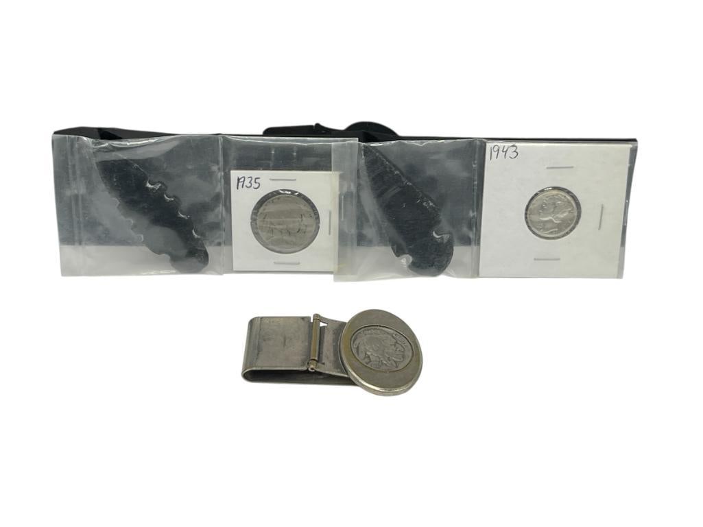 UNIQUE U.S. COINS AND COLLECTIBLES INCLUDING KNAPPED ARROWHEADS, BUFFALO NICKEL MONEY CLIP, AND M...: INCLUDES A 90% SILVER MERCURY DIME AS WELL 