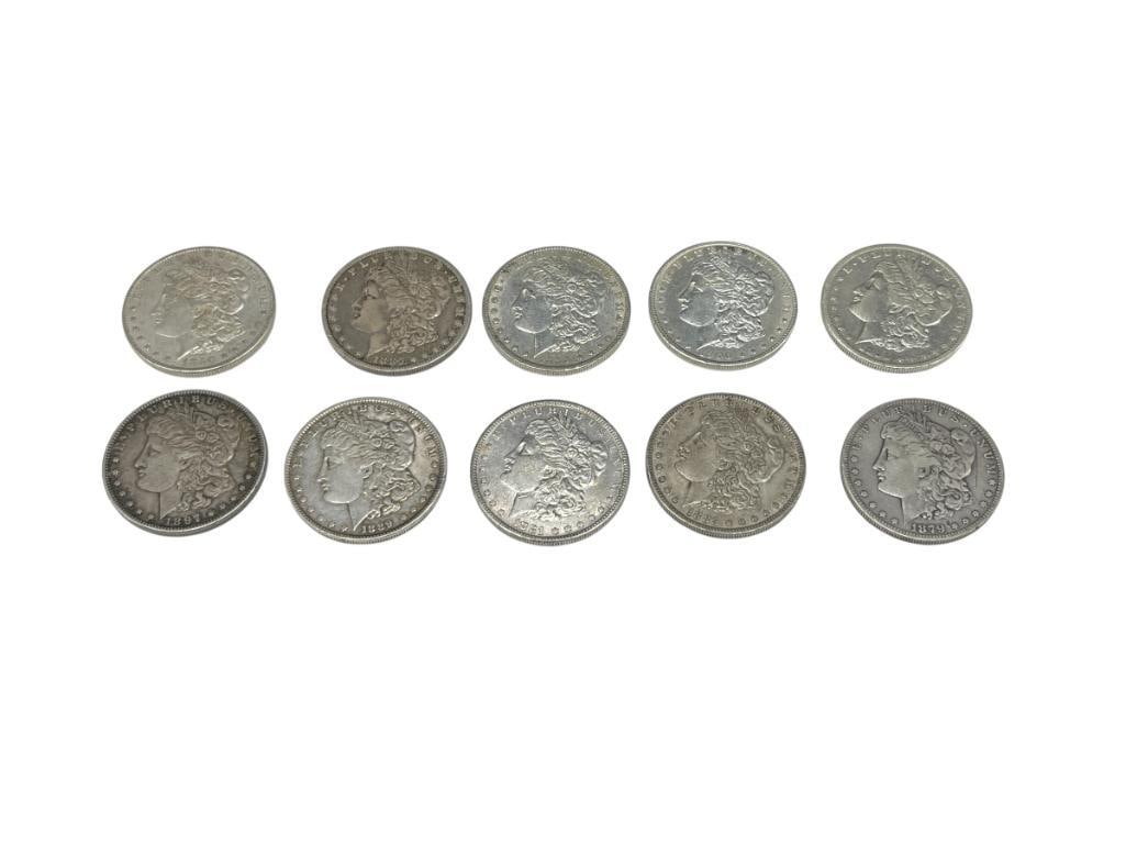 10 U.S. MORGAN SILVER DOLLARS FEATURING VARIOUS DATES AND MINT MARKS (1 of 10)