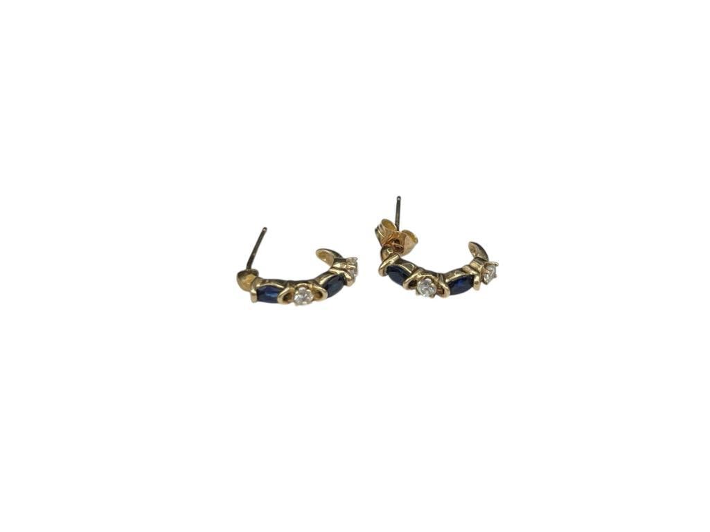 14K YELLOW GOLD BLUE SAPPHIRE AND DIAMOND J-HOOP EARRINGS: ONE IS MISSING BACK 1/2", 1.08 GRAMS, 3MM SAPPHIRES, 2MM DIAMONDS 